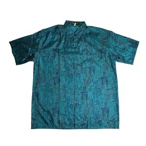 Thai Silk Collection Shirt Men XL Teal Vintage 90s Abstract Geometric Silk Boho